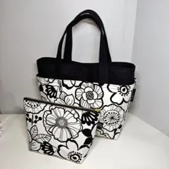 トートバッグ＆ポーチ❀アートフラワー柄×帆布❀ハンドメイド1点限り