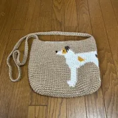 犬刺繍の編み物かごバッグ