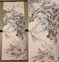 真作】掛軸 朝顔に清流遊魚図 夏掛 花鳥画 涼感ある一幅 夏の風情 W23