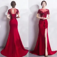 シースルー スリット 刺繍 タイト ドレス ロング レッド