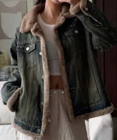 裏地ファー付きデニムジャケット ミディアムウォッシュ ボア