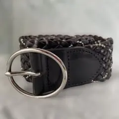 編み込み　レザーベルト　メッシュベルト　本革　茶系　ダークブラウン