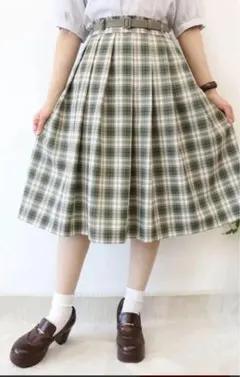fint ベルト付きサマーチェックタックスカート (GREEN×WH)