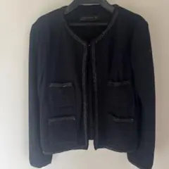 ZARA ノーカラージャケット ネイビーツイード風