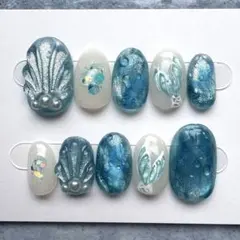 現品 ネイルチップ 人魚の尾 水滴 海 ニュアンス ブルーマーメイド 人魚の鱗