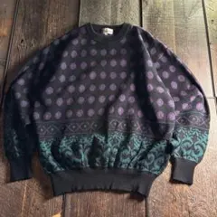 古着　総柄シャツ　ドット柄　ブラック　パープル　XL 太アーム　最高柄系ニット