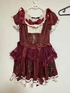 ゴスロリ・ロリータドレス 赤色 ウサギプリント