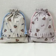 入園入学グッズ　給食袋　巾着袋　フリル付き　2点セット　ハンドメイド　くま①