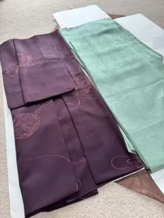 小紋 扇面地紋 淡緑色 着物 正絹 道中着 濃紫 花丸文様 和装コートのサムネイル