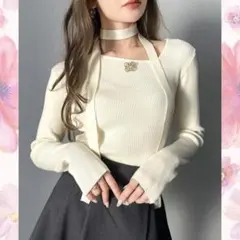 新品【mily bilet】ブローチ付きアシメトリーネックリブニット*L