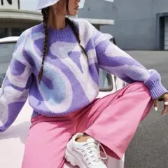shein グラフィックパターンニット　個性派ニット　パープル　XL