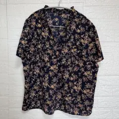シーイン SHEIN CURVE 花柄 ブラウス フリルネック 半袖 2XL 紺のサムネイル