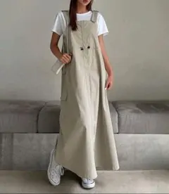 ベージュ マキシサロペット 調整可能ストラップ