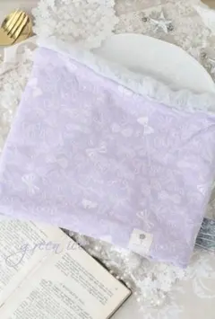 新品　ネックウォーマー　ハンドメイド　パープル　リボン柄　ラビットファー