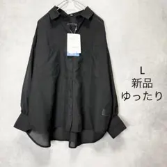 【新品】 大きいサイズ シアーダブルポケットシャツブラウス L 黒 ゆったりのサムネイル