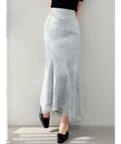 リゼクシー　サマーツイードマーメイドスカート　裾フリンジ　サックスブルー