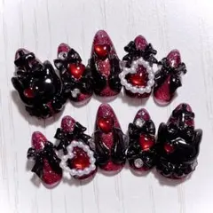 No.702　ネイルチップ 現品 量産型 地雷系 サブカル 平成女児 猫 赤