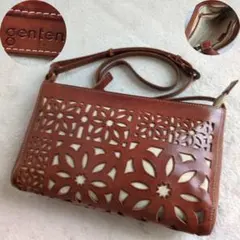 極美品　ゲンテン　ショルダーバッグ　カットワーク　フラワー　レザー　ブラウン