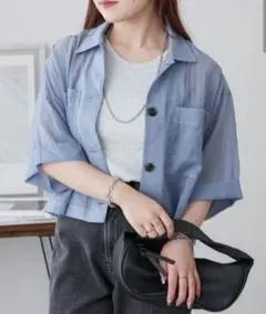 新品 半袖 シアーシャツ 無地 ビッグポケット シンプル ブルー