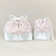 お弁当袋、コップ袋 2点セット (白うさぎ柄+リボン柄ピンク)ハンドメイド