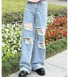 ダメージ加工デニムストレートパンツ