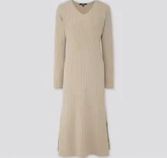 新品UNIQLO/ユニクロ ワイドリブVネックニットロングワンピース XL