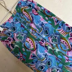 花柄　カジュアル　パンツ　リゾート　Ｍ　長ズボン　ブルー系　ワイド　イージー