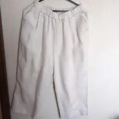 リネン ベージュ ワイドパンツ ゴムウエスト