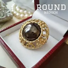 ラウンド カボション ブローチ アラベスク 唐草模様 メタルブラック ボタン