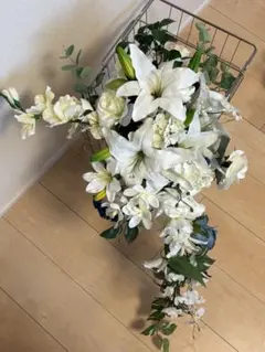 造花　ブーケ　ウエディング　カサブランカ白　バラ　青