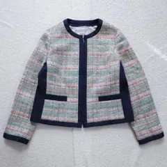 美品 レリアン 23SS ミックスツイード ノーカラー ジャケット 11号