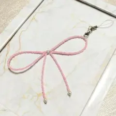 《新作》りぼん ビーズ キーホルダー バレエコア ストラップ　シンプル　ピンク