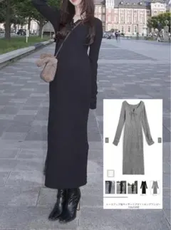 グレイル　レースアップ袖ギャザーリブタイトロングワンピース[ru1269]