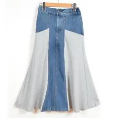 新品 M~L グレー サイド切替 デニム ロングスカート フレア レディース