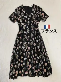 ［美品］花柄ワンピース　半袖 ロング丈 (ウエスト調整可)