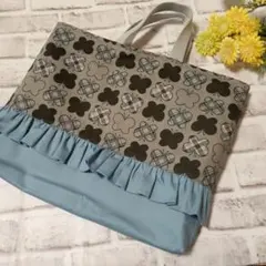 36、レッスンバッグ　ハンドメイド　フリル　蝶々×くすみブルー　入園入学