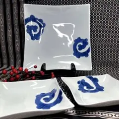 ◉モダンな和柄◉ 康創窯 染付 蛸唐草 角 深皿 大・中3点 盛り皿 手描き