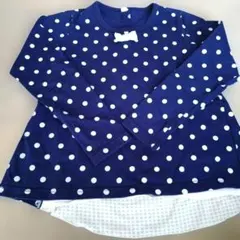 ネイビー 水玉 リボン付き 長袖カットソー　130