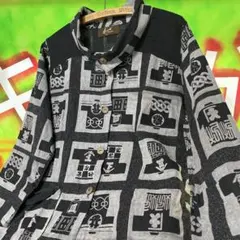 和柄 総柄 シャツ 変形襟 モノトーン 祭 古着 法被