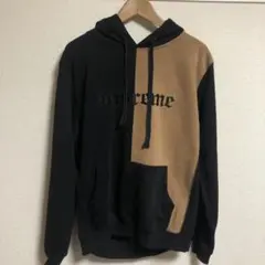 刺繍ロゴSupreme パーカー ブラック/ベージュ メンズL