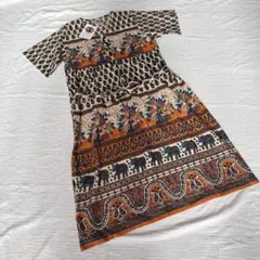 Jagannath コットンエレファント柄半袖ワンピース M インド