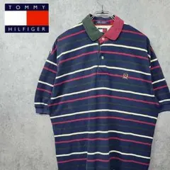 古着 90s トミー ヒルフィガー 刺繍 ボーダー ポロシャツ マルチネイビー