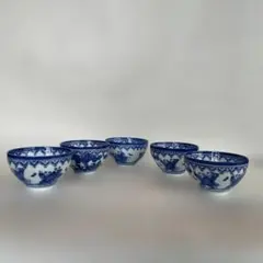 未使用美品 有田焼 鍋島 華山窯 染付 湯呑 湯飲 五人唐子 清華人物絵 5客揃