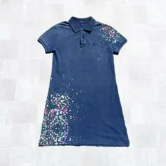 美品 ラルフローレン 刺繍ロゴ ペイント柄 デニム調 ストレッチ ポロワンピース