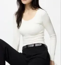 新品 ユニクロUNIQLO極暖ヒートテックリブUネックブラTシャツ ホワイト L