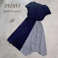 値下げ✨INDIVI／ネイビー 半袖 アシメフレアワンピース