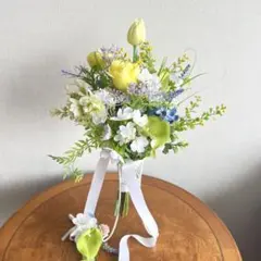 イエロー×アップルグリーンのブーケ＆ブートニア　造花