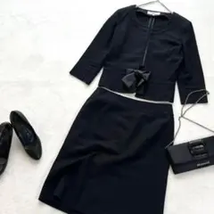 ナチュラルビューティ 綿 麻 セットアップ ノーカラージャケット スカート 黒