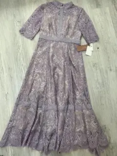 新品　Mサイズ　配色レース×ハシゴレース切り替えワンピースドレスダークラベンダー