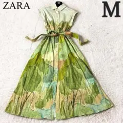 ザラ シャツワンピース ロング Aライン 絵画柄 総柄 フレンチ袖 ベルト M